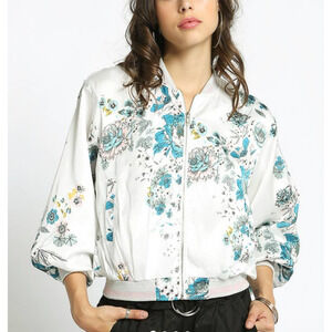 Sans Souci White Floral Satin Puff Sleeve Bomber Jacket - M